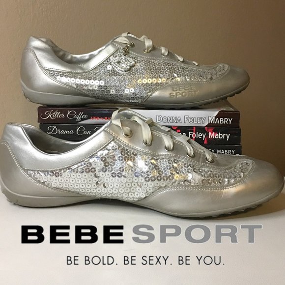 bebe Shoes - BEBE SPORT Silver Sequin and Rhinestone Charmed Sneakers  SIZE 10